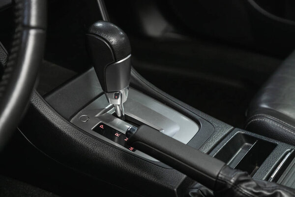 Novosibirsk, Russia  October 22, 2020: Subaru XV, Automatic gear stick of a modern car. Modern car interior details. 