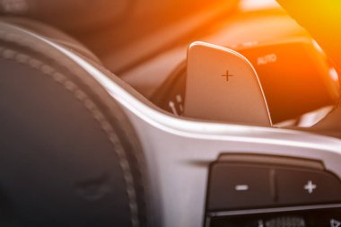 Ses kontrol düğmesi olan modern bir arabanın içi. Çoklu fonksiyon düğmeli direksiyon