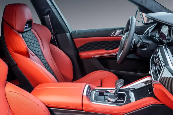 Novosibirsk Russia October 2020 Bmw Luxurious Car Interior Expensive Red — Stock Photo, Image