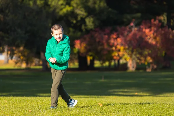 陽気な少年が楽しく遊んで暖かい秋の日に緑の野を歩く コンセプトは幸せな子供時代 — ストック写真