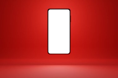 3 boyutlu illüstrasyon, kırmızı izole edilmiş arka planda beyaz ekranda modern bir akıllı telefonun taklidini yapıyor. Tasarım, web afişi, web ve mobil için çizim, bilgi. Uygulama sunum kavramı