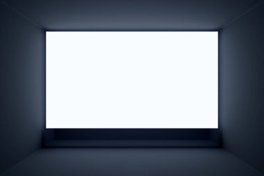 Üç boyutlu illüstrasyon, siyah odadaki beyaz ekranın bir örneğini oluşturuyor. Tasarım, web afişi, web ve mobil için çizim, bilgi. Uygulama sunum kavramı