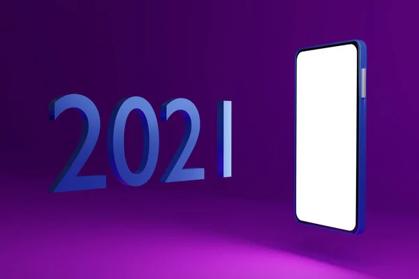 Illustration Mock Modern Smartphone White Screen 2021 Numbers Purple Background — Stock Photo, Image