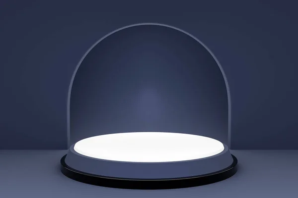 3d illustration of a scene from a circle with round arch at the back on a  gray  background. A close-up of a white round monocrome pedestal.