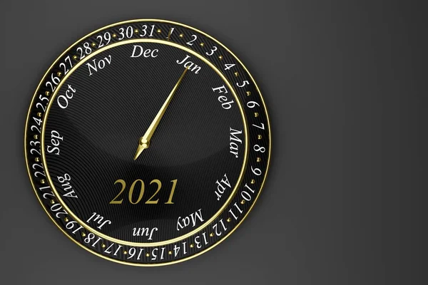 3D显示黑色的圆形时钟日历 12个月 31天 2021年黑色背景 圆形日历月 — 图库照片