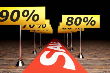 Satışa bir alıcıyı davet etmenin 3 boyutlu illüstrasyon konsepti. Kırmızı halıda pankart tasarımı, yazıda SALE yazıyor, ve tabakta da indirimler var. Koyu arkaplanda promosyon satın alma etiketi şablonları