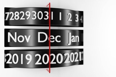 Beyaz arka planda 12 ay, 31 gün ve 2021 yıllık siyah çizgili 3D çizim takvimi. Modern takvim ayı .