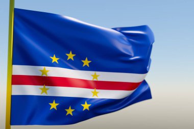 Mavi gökyüzünde dalgalanan metal bir bayrak direğinde Cape Verde 'nin ulusal bayrağının 3 boyutlu çizimi. Country sembolü..