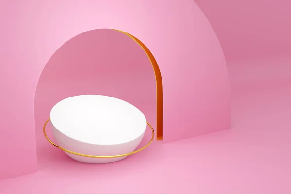 3d illustration of a scene from a circle with round arch at the back on a  pink background. A close-up of a white round monocrome pedestal.