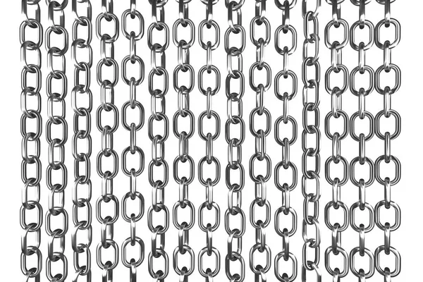 3d illustration of rows of silvery metal chains. Set of chains on a white background. Geometric pattern. Technology geometry background