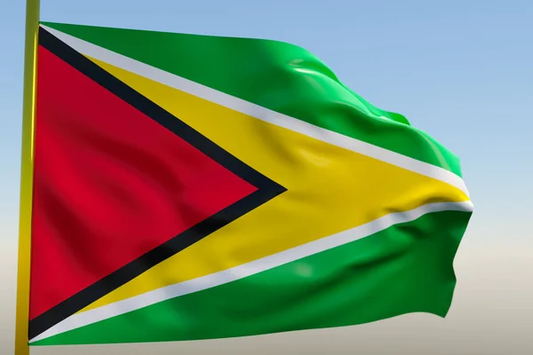 Guyana Nın Ulusal Bayrağının Mavi Gökyüzünde Dalgalanan Metal Bir Bayrak — Stok fotoğraf