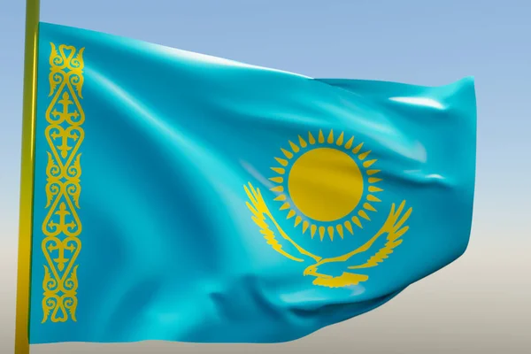 3D illustration of the national flag of Kazakhstan on a metal flagpole fluttering against the blue sky.Country symbol.
