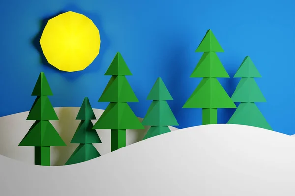 Illustration Green Coniferous Trees Winter Forest Large Snowdrifts Yellow Sun — Stock Photo, Image
