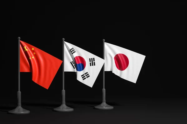 Ilustrace Národních Vlajek Číny Jižní Koreje Japonska Kovovém Stožáru Třepetajícím — Stock fotografie