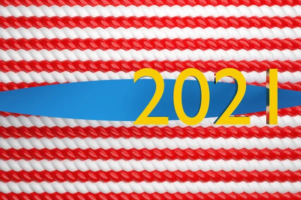 3D不同颜色的立体声带的插图 刻有2021年的字样 几何红色和白色条纹 像棒棒糖 简化的Dna线 关于新年象征的说明 — 图库照片