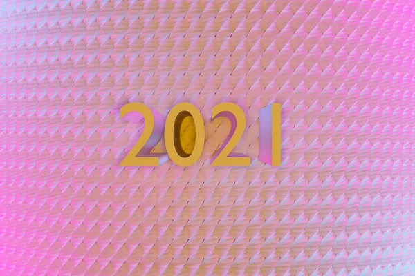 ピンクのメタリックを背景にゴールドネオンラインから2021年3Dイラスト碑文 新年のシンボルのイラスト — ストック写真
