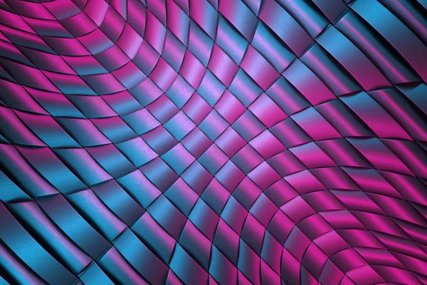 ピンクのライトから黒いキューブの行の3Dイラストは奇妙な形で曲げます モノクロームの背景に正方形のセット パターン 幾何学的背景 — ストック写真