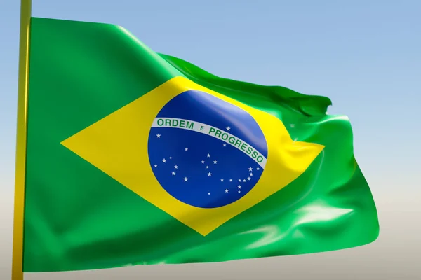 Illusztráció Nemzeti Zászló Brazília Egy Fém Zászlórúd Csapódik Kék Felé — Stock Fotó