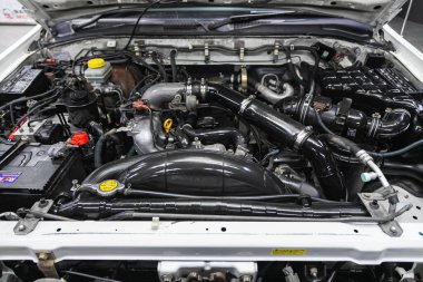 Novosibirsk, Russia  November 16, 2020: Nissan Terrano, Under the hood of car. Powerful engine closeup. Clean motor block 