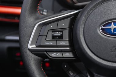 Novosibirsk, Russia  November 16, 2020: Subaru Forester, vehicle interior of a modern car with voice control button 