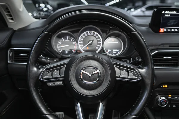 Novosibirsk Russia November 2020 Mazda Dashboard Player Steering Wheel Logo — Stock Photo, Image
