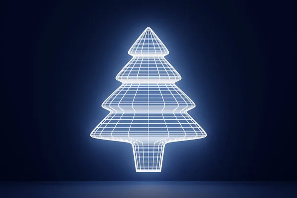 Ilustracja Drzewa Iglastego Wykonane Jasnych Białych Linii Neonowych Ciemnoniebieskim Tle — Zdjęcie stockowe