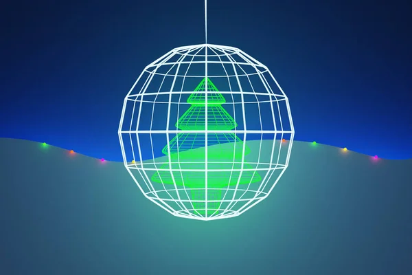 Ilustracja Drzewa Iglastego Wykonane Jasnozielonych Linii Neonowych Piłkę Ciemnoniebieskim Tle — Zdjęcie stockowe