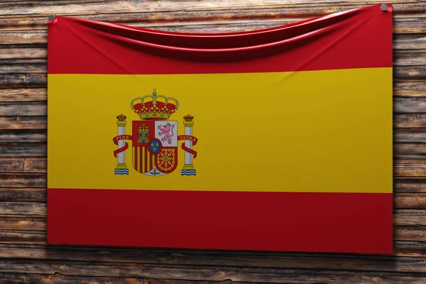 Απεικόνιση Της Εθνικής Υφασμάτινης Σημαίας Της Ισπανίας Καρφωμένη Ξύλινο Τοίχο — Φωτογραφία Αρχείου