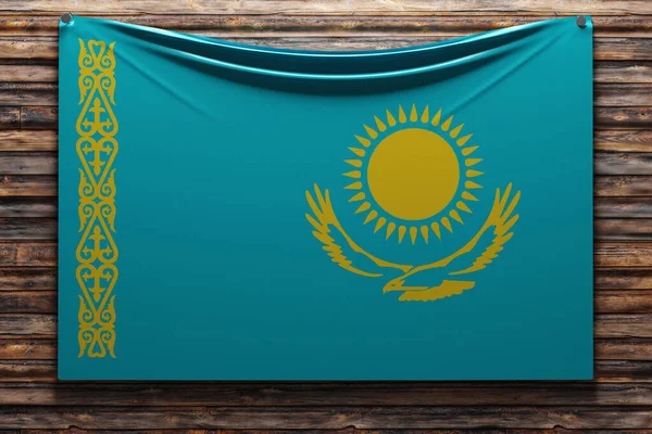 3D illustration of the national   fabric flag of Kazakhstan  nailed on a wooden wall .Country symbol.