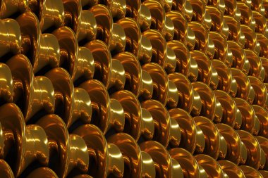 Altın metalik spiralin üç boyutlu çizimi. Monocrome arka planında bir tel seti, desen. Geometri arkaplanı, Örgü deseni