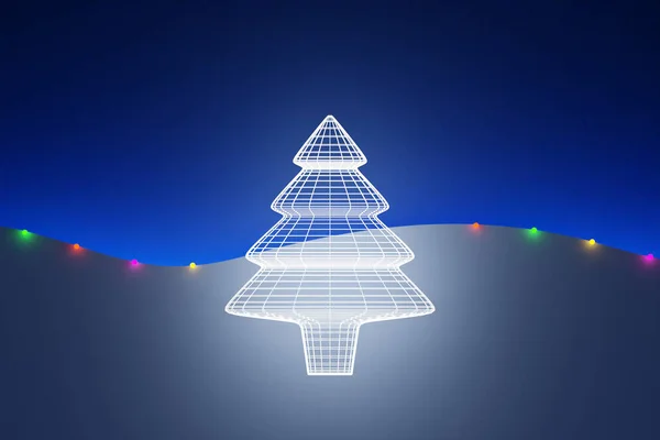Illustration Eines Nadelbaums Aus Leuchtend Weißen Neonlinien Auf Dunkelblauem Hintergrund — Stockfoto