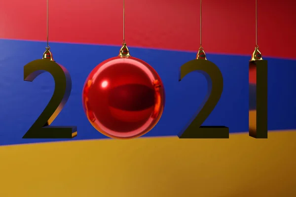 3D在2021年亚美尼亚国旗的背景下展示了2021年快乐的新年 2021年的白色信件 关于新年象征的说明 — 图库照片