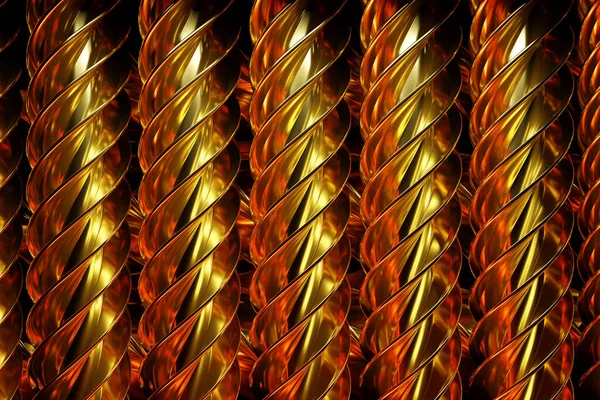 3d illustration of rows of  gold  metallic  spiral. Set of wire  on monocrome background, pattern. Geometry  background,Weave pattern