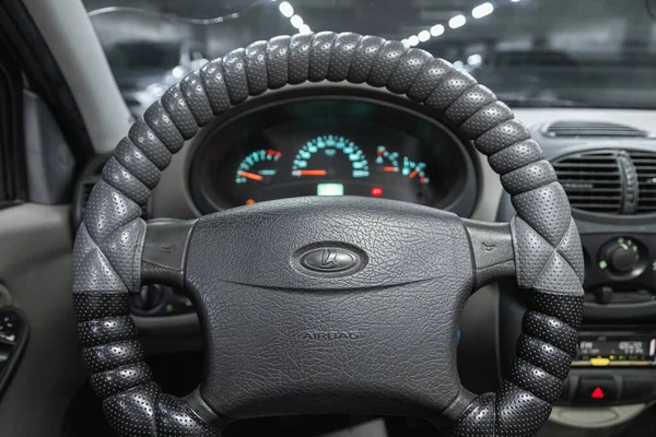 Novosibirsk Russia November 2020 Lada Kalina Dashboard Player Steering Wheel — Stock Photo, Image