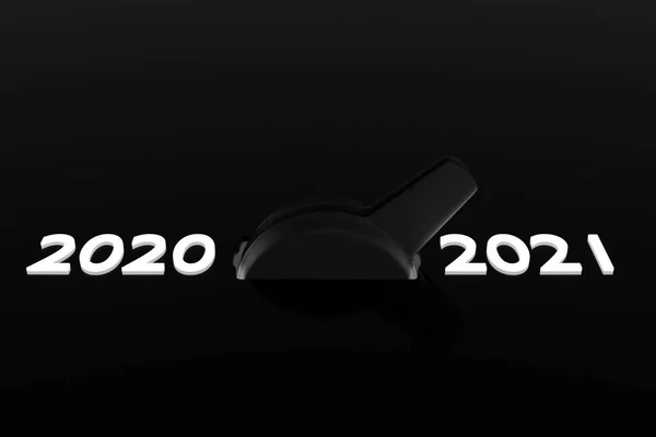 3D图解的开关开关开关开关与2020年和2021年字母 开始2021年标志或符号 关于新年象征的说明 — 图库照片