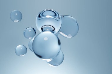 Mavi arka planda çok sayıda parçası olan şeffaf bir metaforun 3 boyutlu çizimi. Parlak kürelere uçmanın dijital meta-veri arkaplanı.