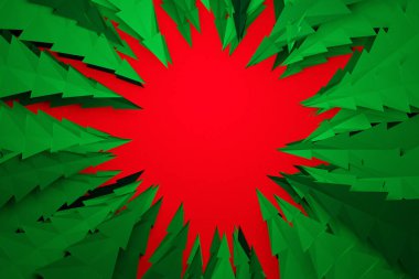 Parlak kırmızı bir zemin üzerinde çember şeklinde yeşil kozalaklı ağaçların ve ortada da tasarım için beyaz bir dairenin üç boyutlu bir çizimi. Origami tarzında Noel ağaçları