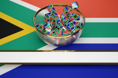 Çok güzel şeffaf bir plakadaki 3D çizimler Güney Afrika Cumhuriyeti 'nin ulusal bayrağının görüntüsüyle birbirinin aynı pek çok küpü yalıyor. Ülkenin sembolü, halkın birliği. Zarı bayrakla atmak.