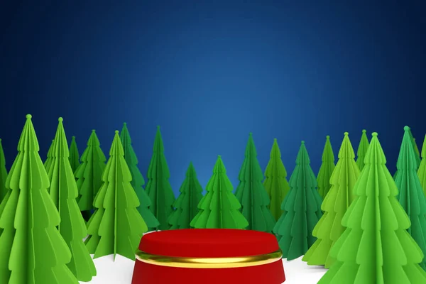 Illustration Magic Green Coniferous Trees Winter Forest Red Pedestal Blue — Stock Photo, Image