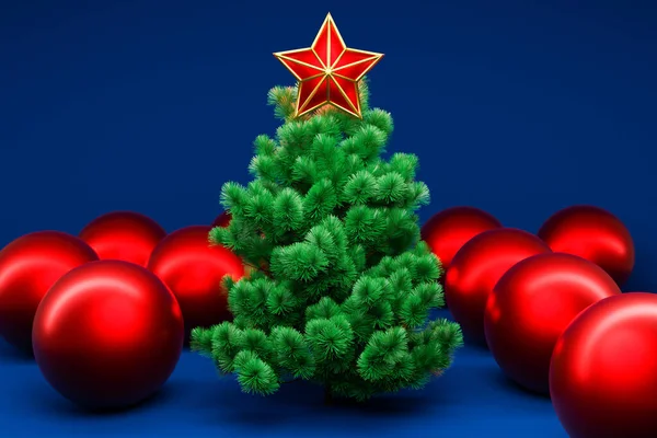 Ilustrace Skutečný Vánoční Stromek Hvězdou Míčkem Kolem Mock Pro Blahopřání — Stock fotografie