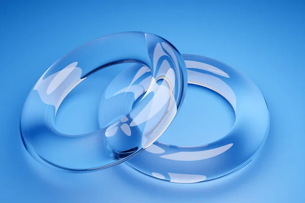 3D illustration of  transparent wedding rings on a blue background. Geometric shapes in the form of a ring in the symbol of infinity. Symbol of love and fidelity, union of lovers