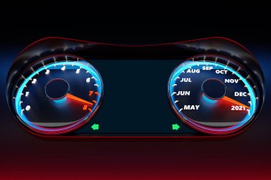 3D illüstrasyon siyah hız göstergesini 20,2021 ve takvim aylarıyla kapatır. Yeni yıl konsepti ve otomotiv alanında Noel. Yeni yıla kadar aylar, zaman sayılıyor.