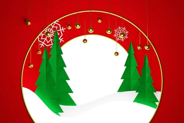 Illustration Magische Nadelbäume Einem Winterwald Mit Rundem Rahmen Auf Rotem — Stockfoto