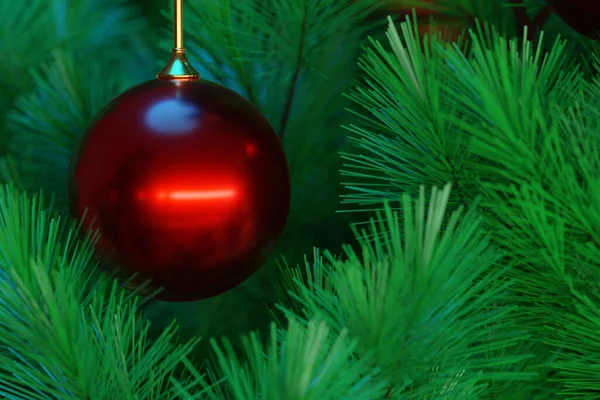 3Dイラスト赤いボールと緑の針葉樹の木 自然のスタイルで充填とクリスマスツリーのための空のフィールドを持つクリスマスカード — ストック写真