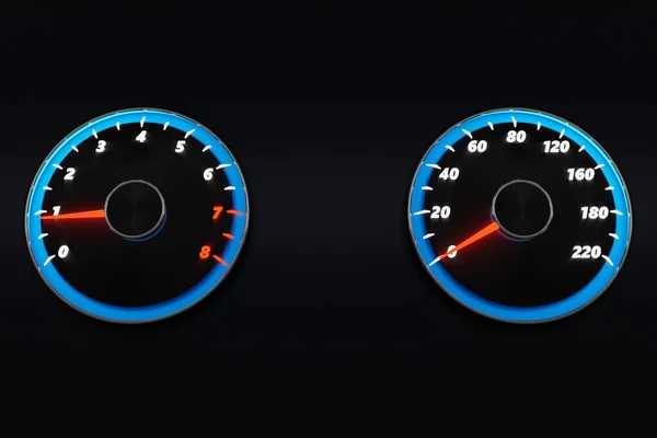 3Dイラスト新しい車のインテリアの詳細 速度計 青のバックライト付きタコメーター スポーツスタイルの黒い車のパネル デジタル明るい速度計を失う — ストック写真