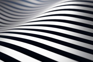 Farklı renklerde bir stereo şeridin 3 boyutlu çizimi. Geometrik çizgiler dalgalara benzer. Soyut kırmızı ve beyaz parlayan çizgi deseni