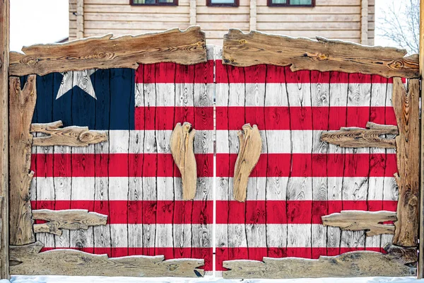 Close National Flag Liberia Wooden Gate Entrance Closed Territory Concept — Stockfoto
