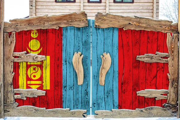 Gros Plan Drapeau National Mongolie Sur Une Porte Bois Entrée — Photo