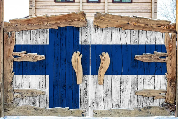 Primer Plano Bandera Nacional Finlandia Una Puerta Madera Entrada Del — Foto de Stock