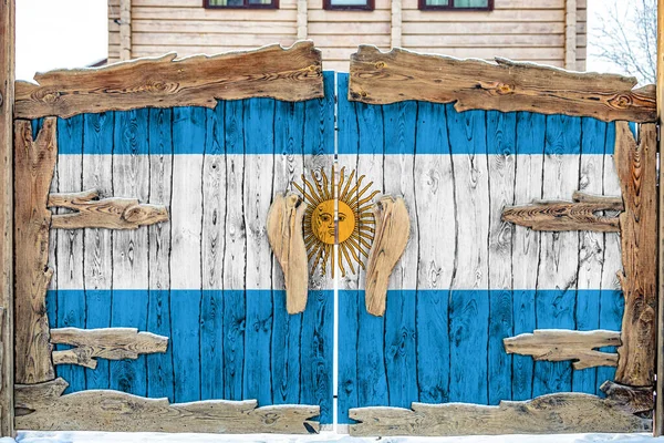 Primer Plano Bandera Nacional Argentina Una Puerta Madera Entrada Del — Foto de Stock